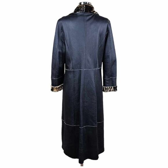 Artico Black Leather Long Trench Coat Animal Print Shearling $5,495 Size 42 - Picture 3 of 14